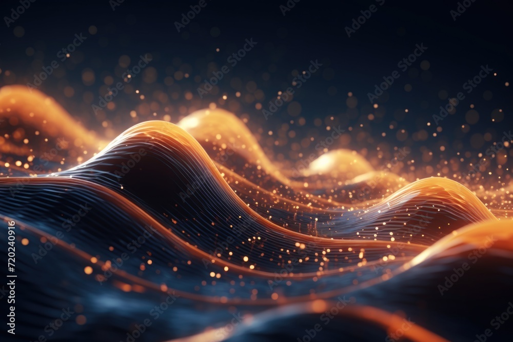 Poster dynamic digital wave background with dots and particles.