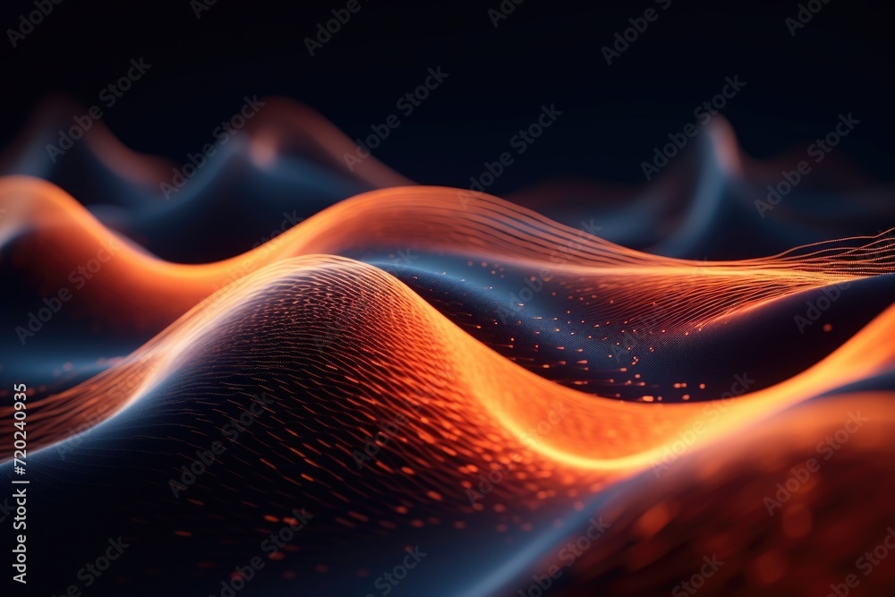 Poster dynamic digital wave background with dots and particles.