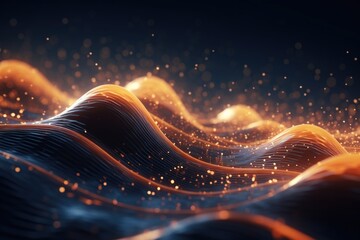 Dynamic digital wave background with dots and particles.