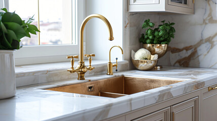Luxury kitchen sink with a gold faucet and marble - obrazy, fototapety, plakaty