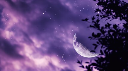 Crescent moon amidst purple night sky and stars
