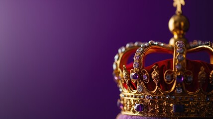 A majestic royal crown adorned with sparkling jewels against a deep purple background - obrazy, fototapety, plakaty