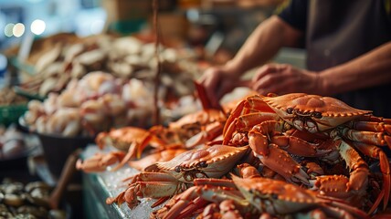 Fresh crabs on ice at a seafood market stall, busy background - obrazy, fototapety, plakaty