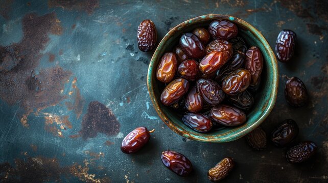 Bowl of dates on a rustic metal surface