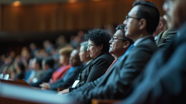 A multicultural audience attentively listening at a conference