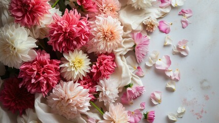 Obraz na płótnie Canvas Pink and white dahlias arranged on silk fabric
