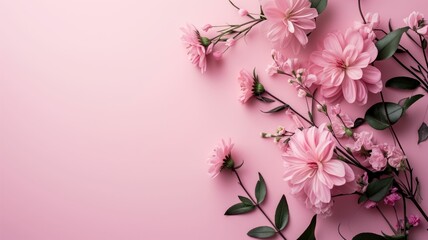 Delicate pink flowers arranged on a soft pastel pink background