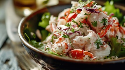 Exquisite seafood salad with vibrant garnishes in a bowl - obrazy, fototapety, plakaty