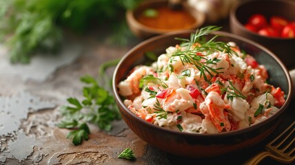 A bowl of shrimp potato salad with herbs on a rustic table