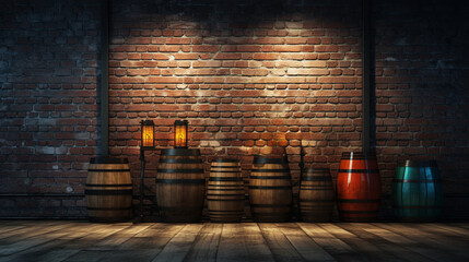 wooden beer barrels against a brick wall lit by lights on the wall, public house cellar concept