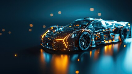 A model of a car assembled from glowing lines - obrazy, fototapety, plakaty