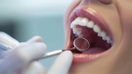patient open mouth before oral inspection with hook and mirror, dental, tooth hygene concept - obrazy, fototapety, plakaty