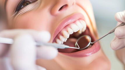 patient open mouth before oral inspection with hook and mirror, dental, tooth hygene concept