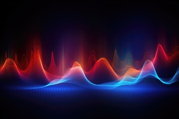Abstract technology background with oscillating sound waves in dark blue, red, and yellow light.