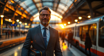 Close up, hipster businessman waiting at the train station - obrazy, fototapety, plakaty