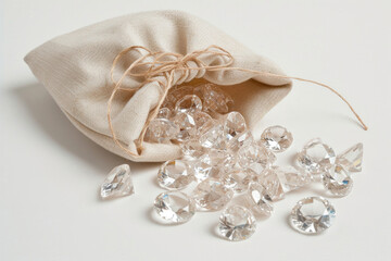 A linen pouch filled with sparkling diamonds on a white backdrop