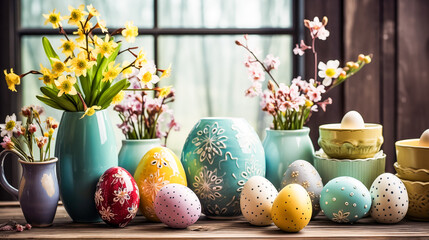 Wielkanocna dekoracja na drewnianym stole - obrazy, fototapety, plakaty