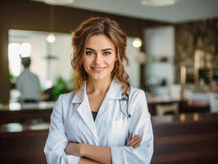 Portret pięknej kobiety lekarki uśmiechniętej, biały fartuch stetoskop i szpital w tle - obrazy, fototapety, plakaty