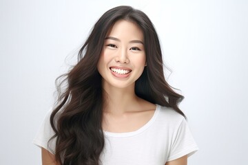 a lovely Asian girl with flawless skin and flowing long hair, set against a clean white background for a crisp and timeless aesthetic. Generative AI.
