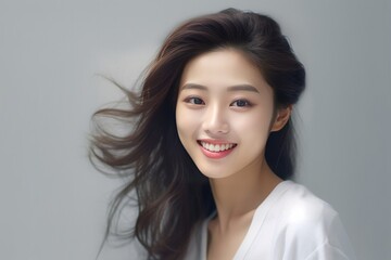 Fototapeta premium a lovely Asian girl with flawless skin and flowing long hair, set against a clean white background for a crisp and timeless aesthetic. Generative AI.