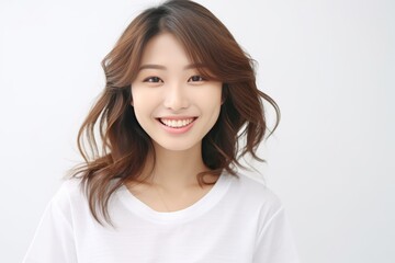 Fototapeta premium a lovely Asian girl with flawless skin and flowing long hair, set against a clean white background for a crisp and timeless aesthetic. Generative AI.