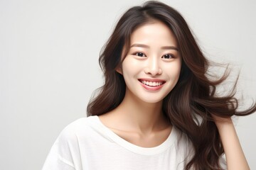 Naklejka premium a lovely Asian girl with flawless skin and flowing long hair, set against a clean white background for a crisp and timeless aesthetic. Generative AI.