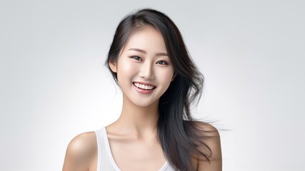 Obraz premium Asian girl with perfect skin and long, luxurious hair poses against a white backdrop, epitomizing beauty and simplicity. Generative AI.