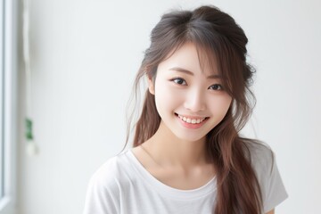 Asian girl with perfect skin and long, luxurious hair poses against a white backdrop, epitomizing beauty and simplicity. Generative AI.
