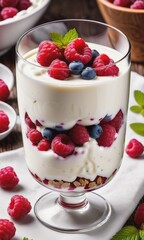 a delectable scene featuring a glass filled with fresh and tasty yogurt