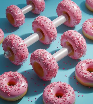 Pink frosted donut dumbbells arranged on a blue background