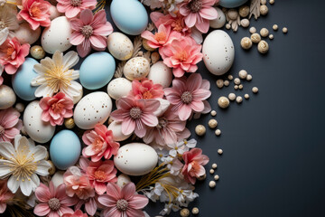 Delicately colored Easter eggs and delicate spring flowers lie on dark surface, creating perfect place for text and advertising. Concept of symbol and celebration of Easter holiday. Copy space.
