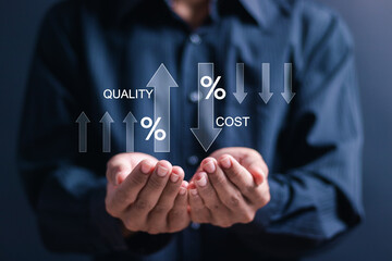Cost and quality control concept. Person hold virtual cost and quality icons to Improve work efficiency for quality control and company cost reduction. Successful organization strategy and management - obrazy, fototapety, plakaty