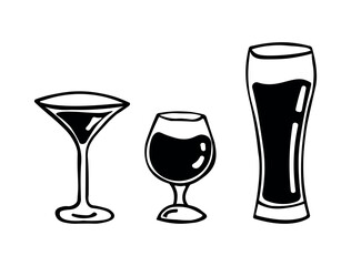 Vector illustration of glasses for alcohol. Set of flat glass icons. Outline symbols for web design, application. Elements for printing on isolated background. Signs for business card, sticker, logo. 