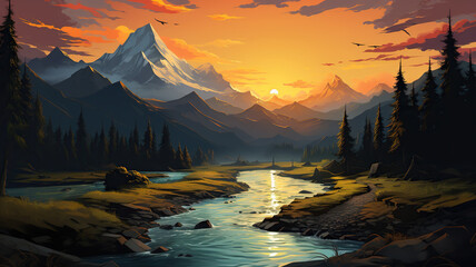 Beautiful illustration of a mountain landscape with a river at sunset or dawn. Generated by artificial intelligence