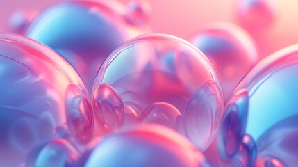 Transparent bubbles with a glassmorphism aesthetic on a pink and blue gradient
