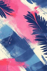Pink and blue abstract art with tropical leaves
