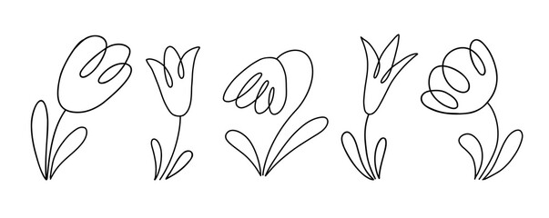 Tulip flowers collection. Doodle style vector black line illustration isolated on white background.