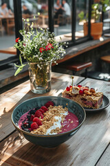 Healthy berry smoothie bowl on a rustic cafe table