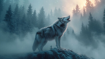 Scenic portrait of wolf roaring over mountain