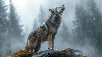 Scenic portrait of wolf roaring over mountain