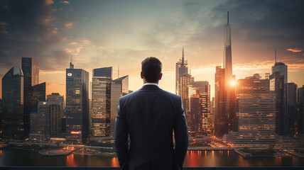 Back view of businessman standing and looking at city