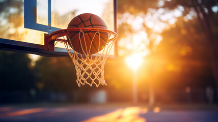 Ball in basketball hoop at sunrise - obrazy, fototapety, plakaty