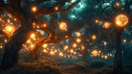 Twilight in a magical forest illuminated by ethereal orbs