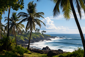 Fototapeta premium View of palm trees and sea at beach, sky and clouds
