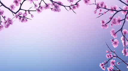 Beautiful bright purple branch frame in spring with the blue sky in the middle wide space for text