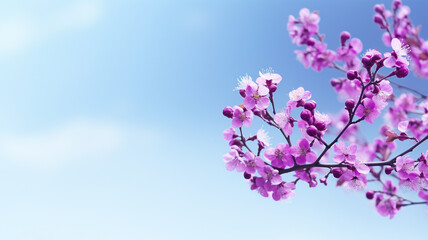 Beautiful bright purple branch frame in spring with the blue sky in the middle wide space for text