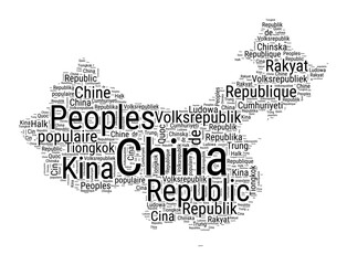 Black and white word cloud in China shape. Simple typography style country illustration. Plain China black text cloud on white background. Vector illustration.