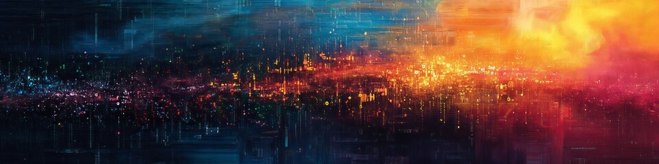 Colorful digital brushstrokes merge into a vivid cityscape, symbolizing digital transformation