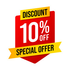 Special offer discounts 10 percent off. Red and yellow template on white background. Vector illustration