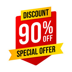 Special offer discounts 90 percent off. Red and yellow template on white background. Vector illustration